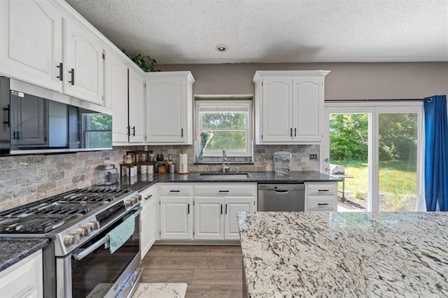 12890 S Greenwood St, Olathe, KS 66062 - kitchen featuring stainless steel appliances, a sink, white cabinetry, dark stone counters, and a textured ceiling