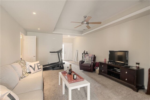 217 N 6th Ter, Louisburg, KS 66053 - living room featuring ceiling fan, light colored carpet, recessed lighting, and a raised ceiling