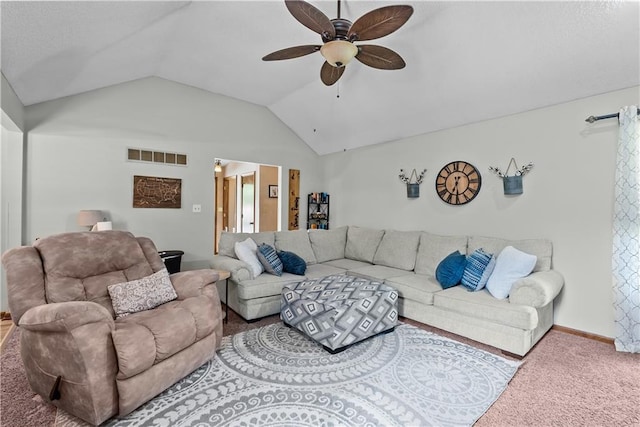 1805 N Lazy Branch Rd, Independence, MO 64058 - carpeted living area with vaulted ceiling, a ceiling fan, and baseboards