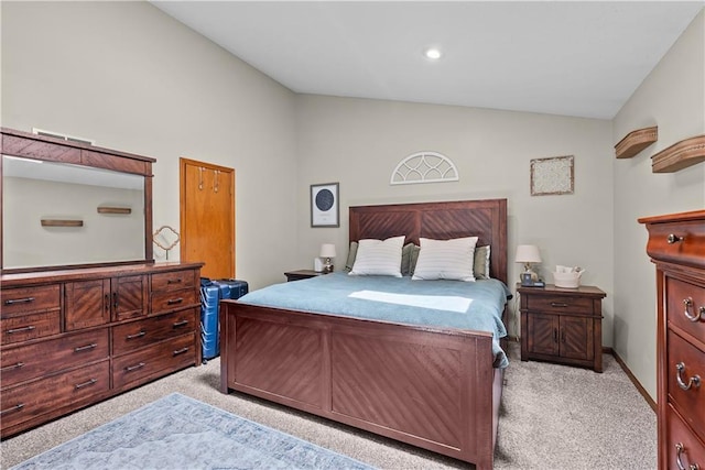 1805 N Lazy Branch Rd, Independence, MO 64058 - bedroom with light carpet, vaulted ceiling, recessed lighting, and baseboards