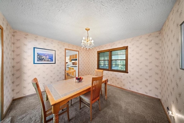 1107 E 110th St, Kansas City, MO 64131 - carpeted dining space with a chandelier, a textured ceiling, and wallpapered walls