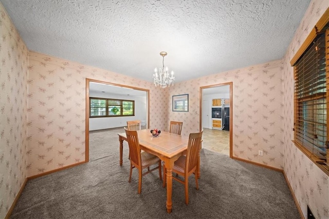 1107 E 110th St, Kansas City, MO 64131 - carpeted dining space with a chandelier, a textured ceiling, wallpapered walls, and baseboards