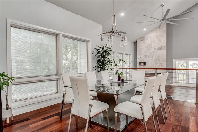 12204 Catalina St, Leawood, KS 66209 - dining area with wood finished floors, ceiling fan, recessed lighting, a chandelier, and high vaulted ceiling