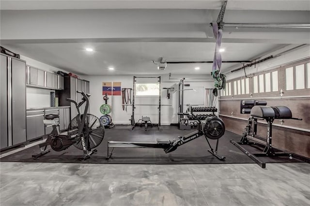 12204 Catalina St, Leawood, KS 66209 - workout area with a garage and recessed lighting