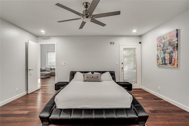12204 Catalina St, Leawood, KS 66209 - bedroom featuring recessed lighting, wood finished floors, ceiling fan, and access to exterior