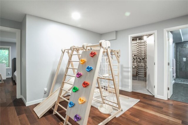 12204 Catalina St, Leawood, KS 66209 - recreation room with wood finished floors and recessed lighting