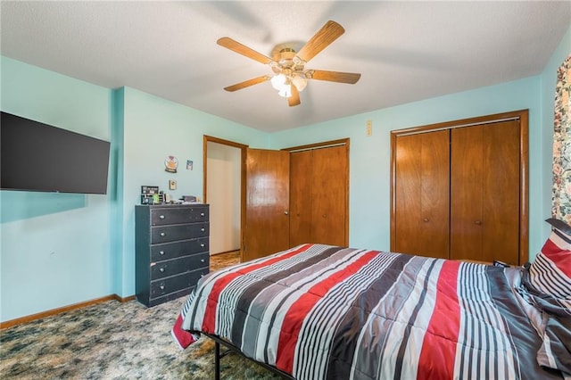 711 S Colby St, Hamilton, MO 64644 - bedroom featuring carpet flooring, ceiling fan, baseboards, and multiple closets