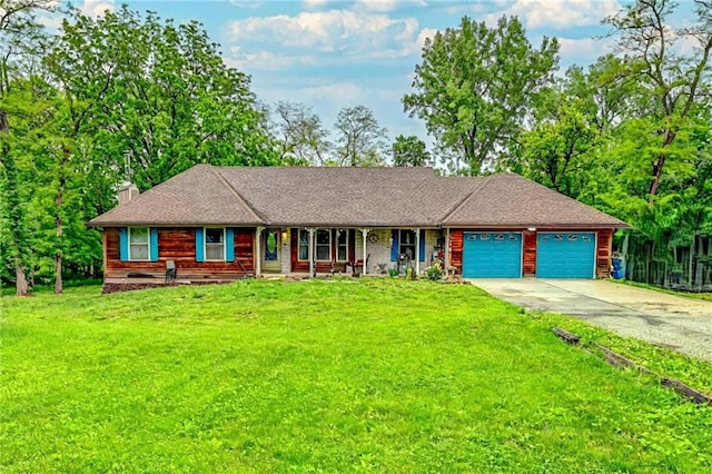 19490 Countryside Cir, Weston, MO 64098 - view of front of property with a garage, covered porch, concrete driveway, a front yard, and a chimney