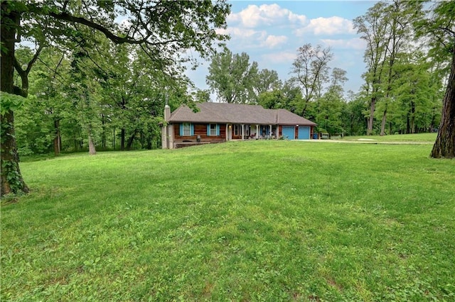 19490 Countryside Cir, Weston, MO 64098 - ranch-style house featuring an attached garage, a front lawn, and a chimney