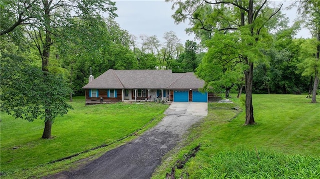 19490 Countryside Cir, Weston, MO 64098 - single story home with an attached garage, asphalt driveway, covered porch, and a front lawn