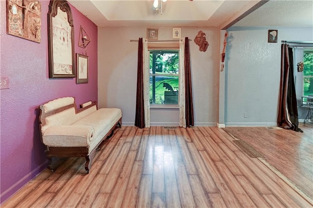 19490 Countryside Cir, Weston, MO 64098 - sitting room with wood finished floors, a textured wall, and baseboards