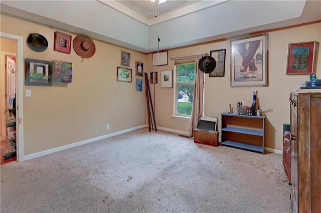 19490 Countryside Cir, Weston, MO 64098 - interior space featuring carpet flooring, baseboards, ceiling fan, and a raised ceiling