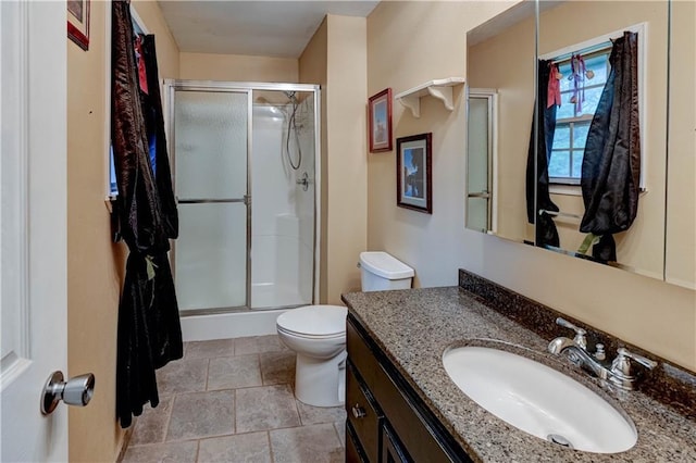19490 Countryside Cir, Weston, MO 64098 - bathroom featuring a shower stall, vanity, toilet, and stone finish flooring