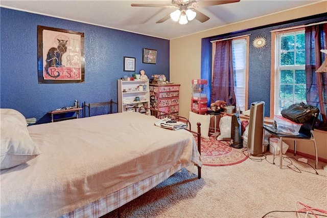 19490 Countryside Cir, Weston, MO 64098 - carpeted bedroom with a textured wall and a ceiling fan