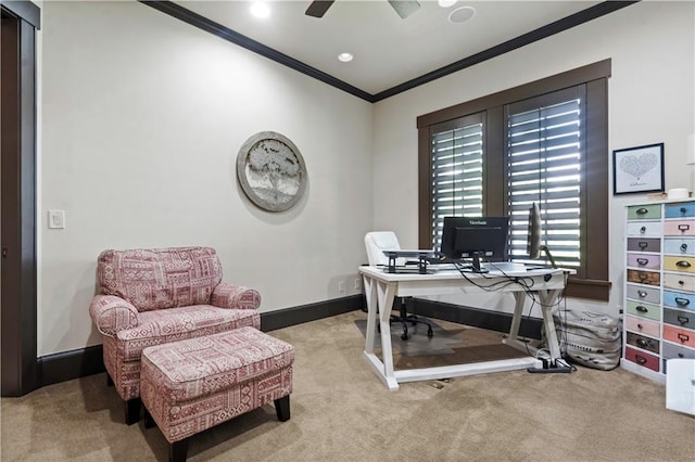 11106 W 146th Ter, Overland Park, KS 66221 - carpeted office space with crown molding, baseboards, and ceiling fan