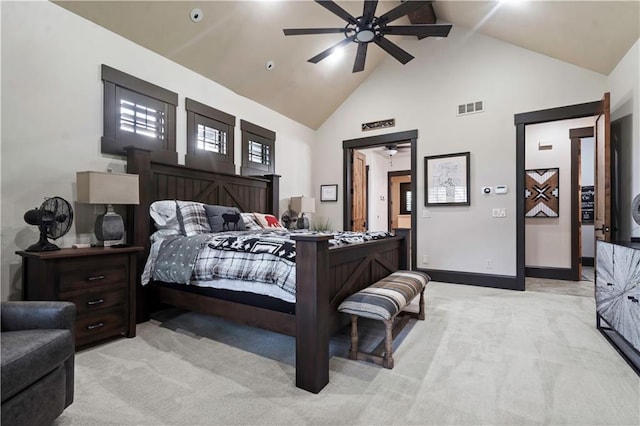 11106 W 146th Ter, Overland Park, KS 66221 - bedroom with light carpet, high vaulted ceiling, baseboards, and ceiling fan