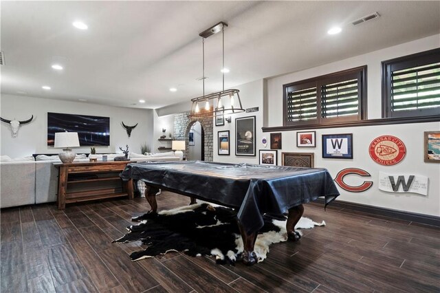 11106 W 146th Ter, Overland Park, KS 66221 - recreation room with billiards table, dark wood finished floors, recessed lighting, arched walkways, and baseboards