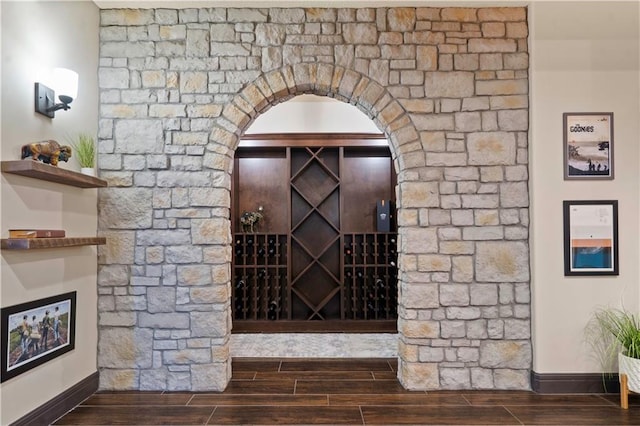 11106 W 146th Ter, Overland Park, KS 66221 - wine cellar with wood finish floors, baseboards, and arched walkways