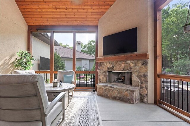 11106 W 146th Ter, Overland Park, KS 66221 - living room with lofted ceiling, wood ceiling, and a fireplace