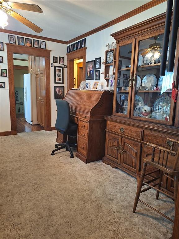 811 W Main St, Chanute, KS 66720 - carpeted office space featuring ceiling fan, crown molding, and baseboards
