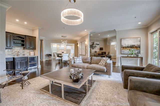 4801 W 133rd St Unit 103, Leawood, KS 66209 - living area with wine cooler, ornamental molding, recessed lighting, dark wood finished floors, and baseboards