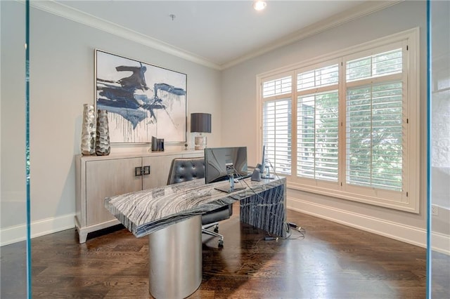 4801 W 133rd St Unit 103, Leawood, KS 66209 - office area featuring baseboards, dark wood-style flooring, ornamental molding, and recessed lighting