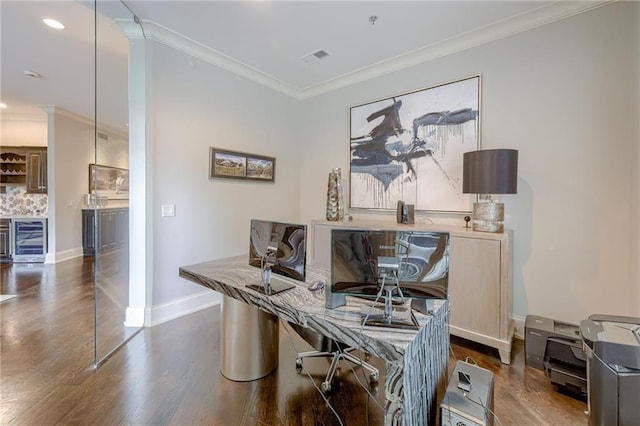 4801 W 133rd St Unit 103, Leawood, KS 66209 - office area featuring beverage cooler, dark wood-type flooring, ornamental molding, and baseboards