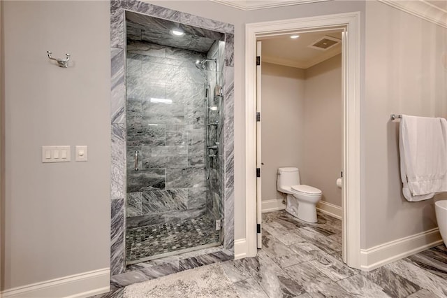 4801 W 133rd St Unit 103, Leawood, KS 66209 - full bathroom featuring ornamental molding, a stall shower, toilet, marble look tile flooring, and baseboards