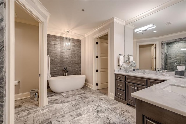 4801 W 133rd St Unit 103, Leawood, KS 66209 - bathroom featuring vanity, ornamental molding, a soaking tub, a shower stall, and baseboards