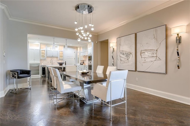 4801 W 133rd St Unit 103, Leawood, KS 66209 - dining area with wine cooler, baseboards, ornamental molding, and dark wood-style flooring