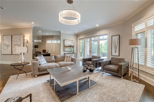 4801 W 133rd St Unit 103, Leawood, KS 66209 - living area featuring crown molding, baseboards, plenty of natural light, wood finished floors, and recessed lighting