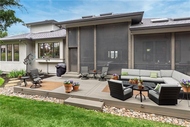 25075 W 105th Ter, Olathe, KS 66061 - rear view of property with a wooden deck, outdoor lounge area, a sunroom, and a shingled roof