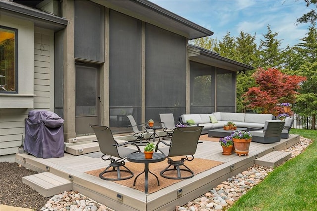 25075 W 105th Ter, Olathe, KS 66061 - wooden deck with an outdoor living space, area for grilling, and a sunroom