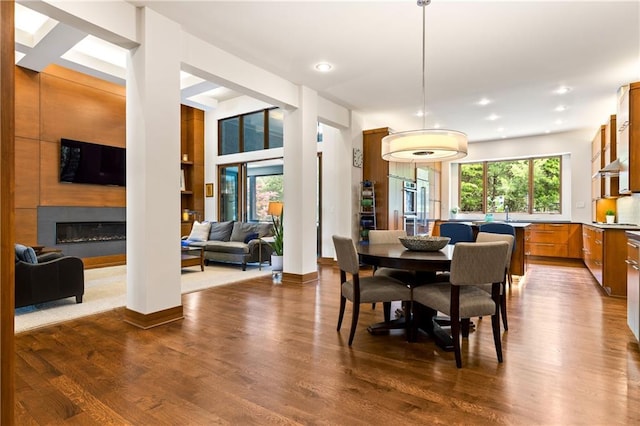 25075 W 105th Ter, Olathe, KS 66061 - dining room featuring dark wood finished floors, a glass covered fireplace, and recessed lighting