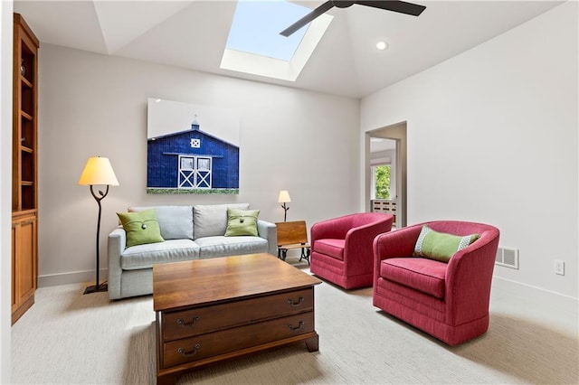 25075 W 105th Ter, Olathe, KS 66061 - living room featuring light carpet, a skylight, lofted ceiling, a ceiling fan, and recessed lighting