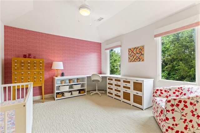 25075 W 105th Ter, Olathe, KS 66061 - bedroom with multiple windows, carpet floors, lofted ceiling, and wallpapered walls
