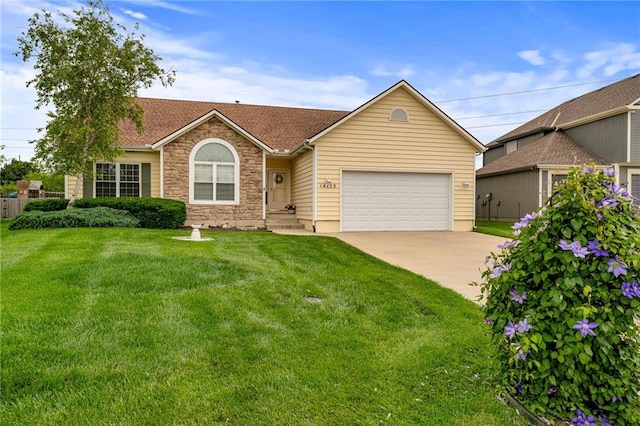 14175 W 155th St, Olathe, KS 66062 - single story home with stone siding, a garage, a front yard, driveway, and a shingled roof
