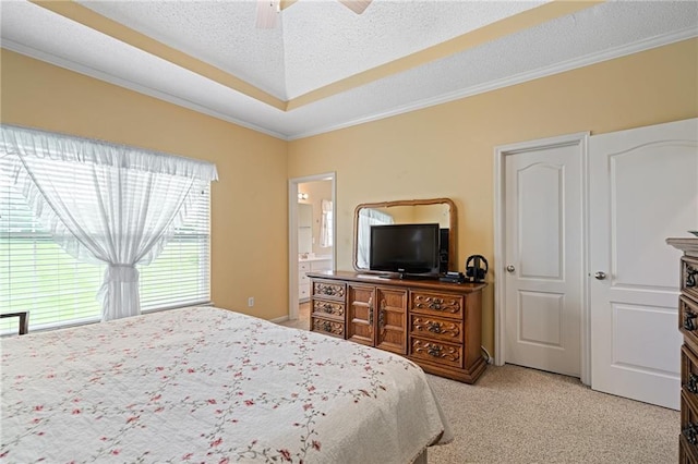 14175 W 155th St, Olathe, KS 66062 - bedroom with a tray ceiling, light carpet, crown molding, a textured ceiling, and ceiling fan