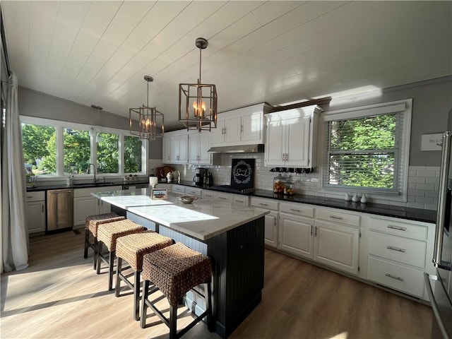 53 Z St, Lees Summit, MO 64086 - kitchen featuring a chandelier, stainless steel dishwasher, a sink, under cabinet range hood, and white cabinets