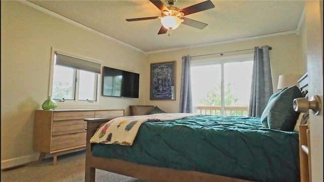 566 Lake Viking Ter, Gallatin, MO 64640 - bedroom with multiple windows, crown molding, carpet, baseboards, and ceiling fan