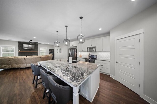 690 SW T Hwy, Holden, MO 64040 - kitchen featuring stainless steel appliances, recessed lighting, white cabinetry, dark wood-style flooring, and light stone counters