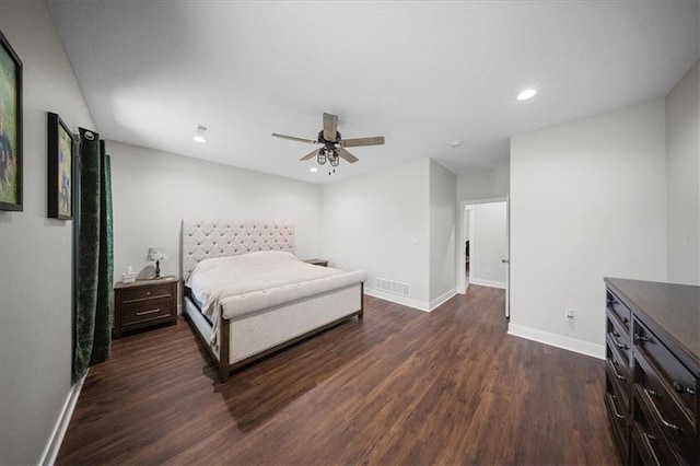 690 SW T Hwy, Holden, MO 64040 - bedroom featuring dark wood finished floors, baseboards, recessed lighting, and a ceiling fan