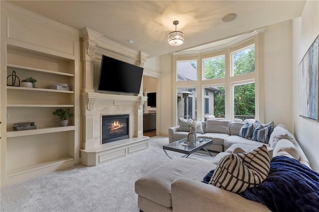 9300 W 156th Pl, Overland Park, KS 66221 - living area featuring a high end fireplace, carpet floors, and built in shelves