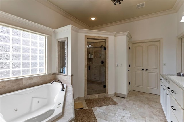 9300 W 156th Pl, Overland Park, KS 66221 - full bath featuring a shower stall, a tub with jets, vanity, crown molding, and baseboards