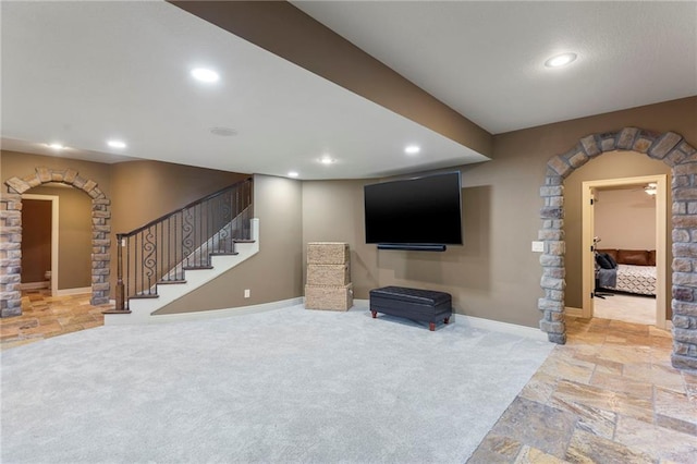 9300 W 156th Pl, Overland Park, KS 66221 - living area with baseboards, recessed lighting, stone finish floors, carpet floors, and stairs