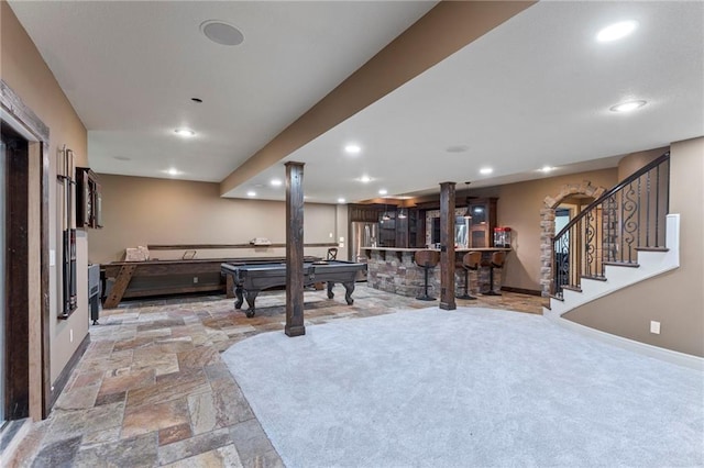 9300 W 156th Pl, Overland Park, KS 66221 - playroom featuring billiards, recessed lighting, baseboards, stone finish floors, and bar