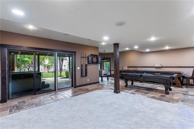 9300 W 156th Pl, Overland Park, KS 66221 - rec room featuring billiards, stone tile flooring, recessed lighting, decorative columns, and baseboards