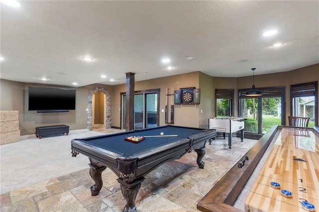 9300 W 156th Pl, Overland Park, KS 66221 - game room with recessed lighting, billiards, arched walkways, stone tile floors, and carpet