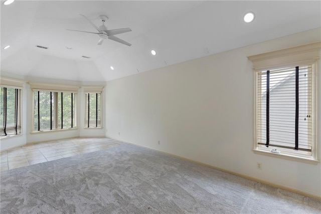 9300 W 156th Pl, Overland Park, KS 66221 - empty room with light colored carpet, ceiling fan, recessed lighting, vaulted ceiling, and baseboards