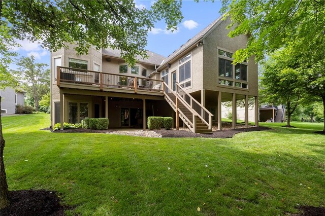 9300 W 156th Pl, Overland Park, KS 66221 - back of house with a wooden deck, stairs, stucco siding, and a yard